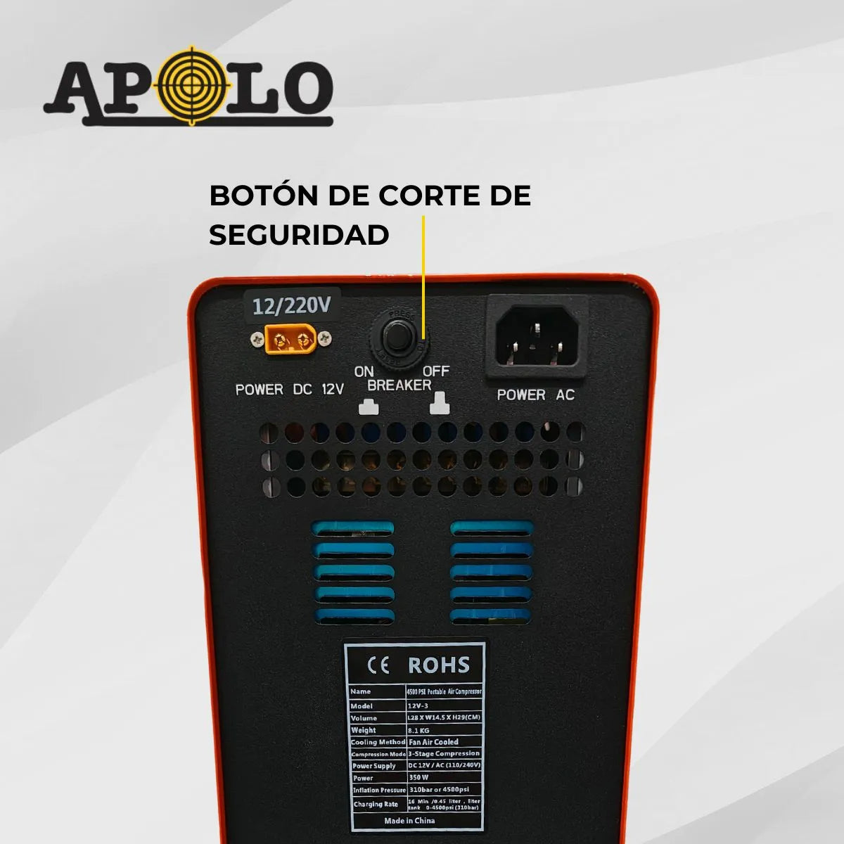 Compresor Inflador Rifle Pcp Apolo Electrico 12v 300b Ct Color Naranja Claro