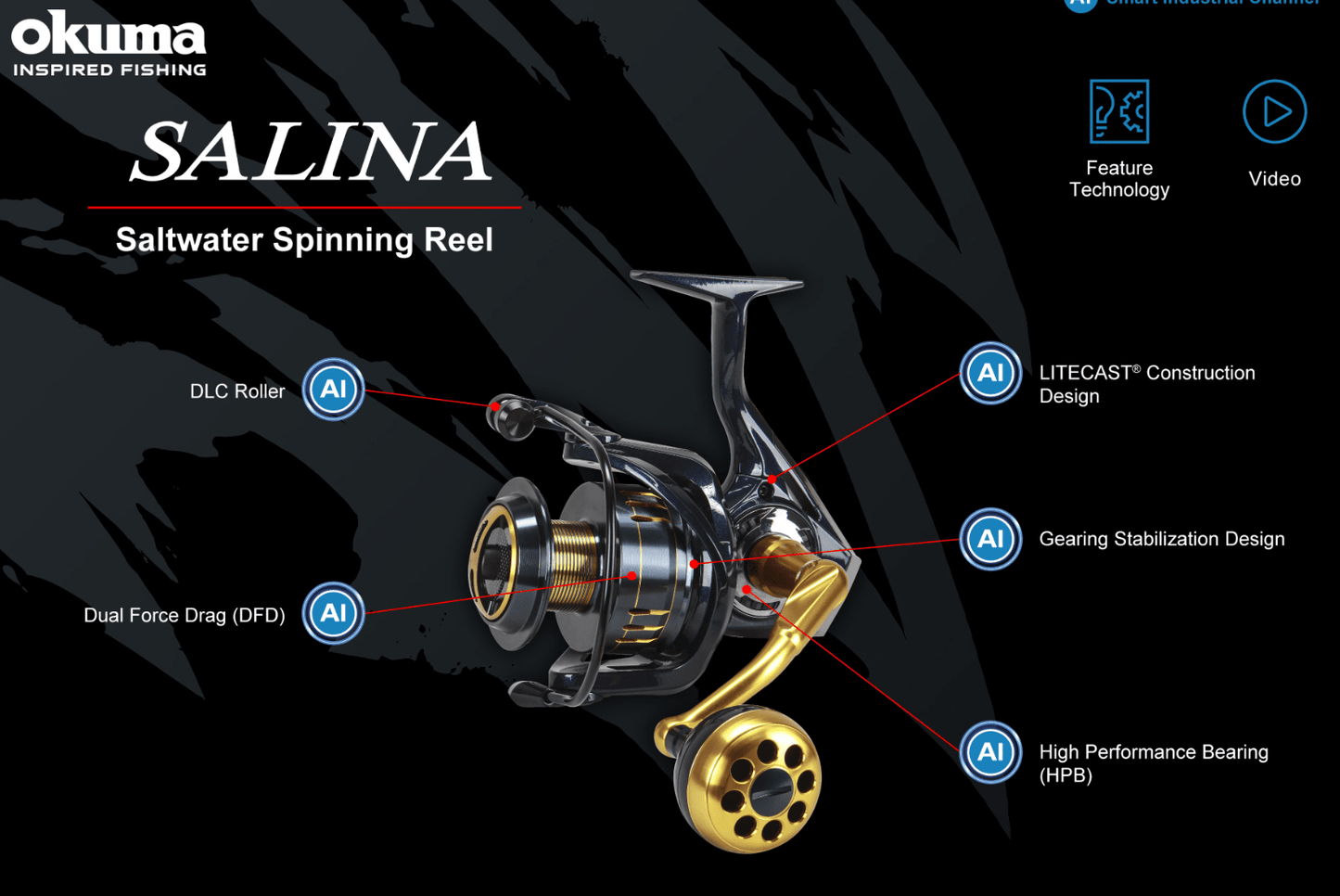 Carrete de Spinning Okuma Salina SW, Alto Rendimiento, Agua Salada, Duradero