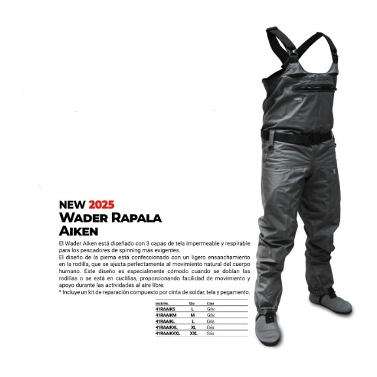 Wader Rapala AIKEN Impermeable Transpirable, Rodillas Reforzadas, Pesca Spinning