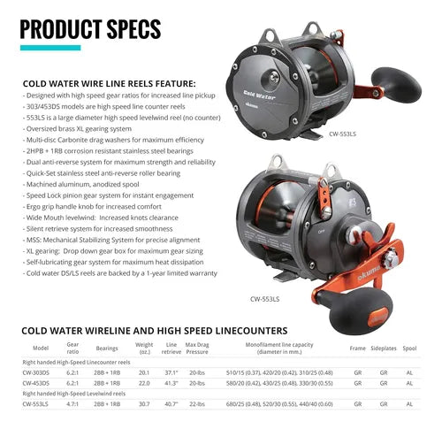 Carrete Okuma Coldwater Wireline Trolling Alta Velocidad Duradero para Pesca Precisión