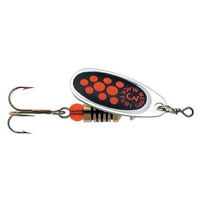 Señuelo Mepps Black Fury Giratorio: Atrae Truchas y Salmones con Brillo Intenso