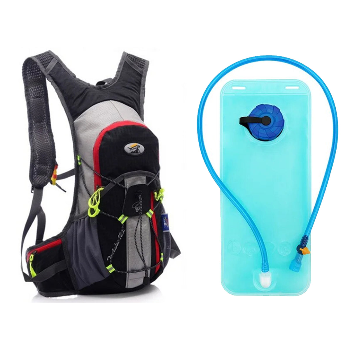 MOCHILA DEPORTIVA TIPO CAMELBACK DE 12 LITROS CON FRANJA REFLECTIVA + BOLSA DE HIDRATACION DE 2 LITROS