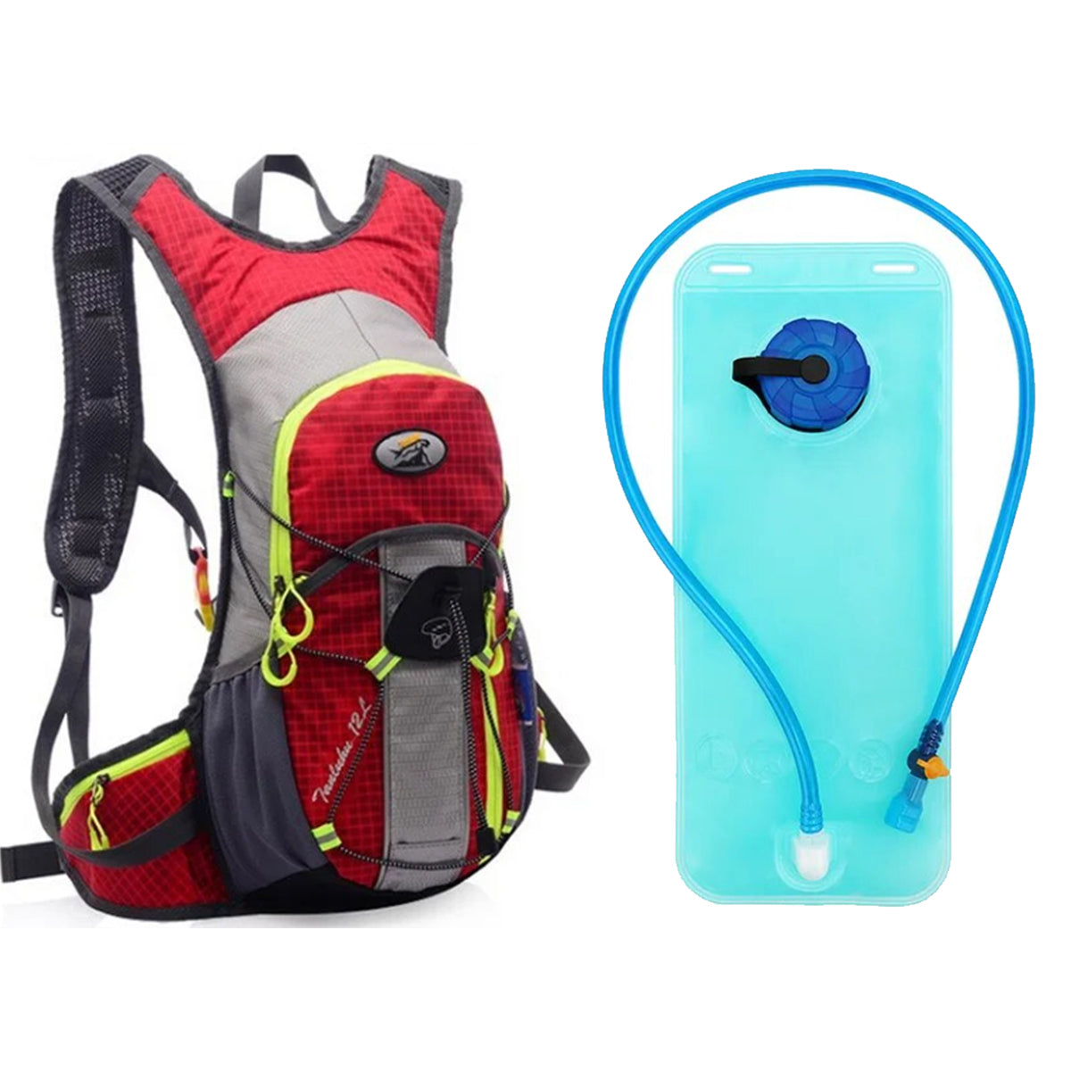 MOCHILA DEPORTIVA TIPO CAMELBACK DE 12 LITROS CON FRANJA REFLECTIVA + BOLSA DE HIDRATACION DE 2 LITROS