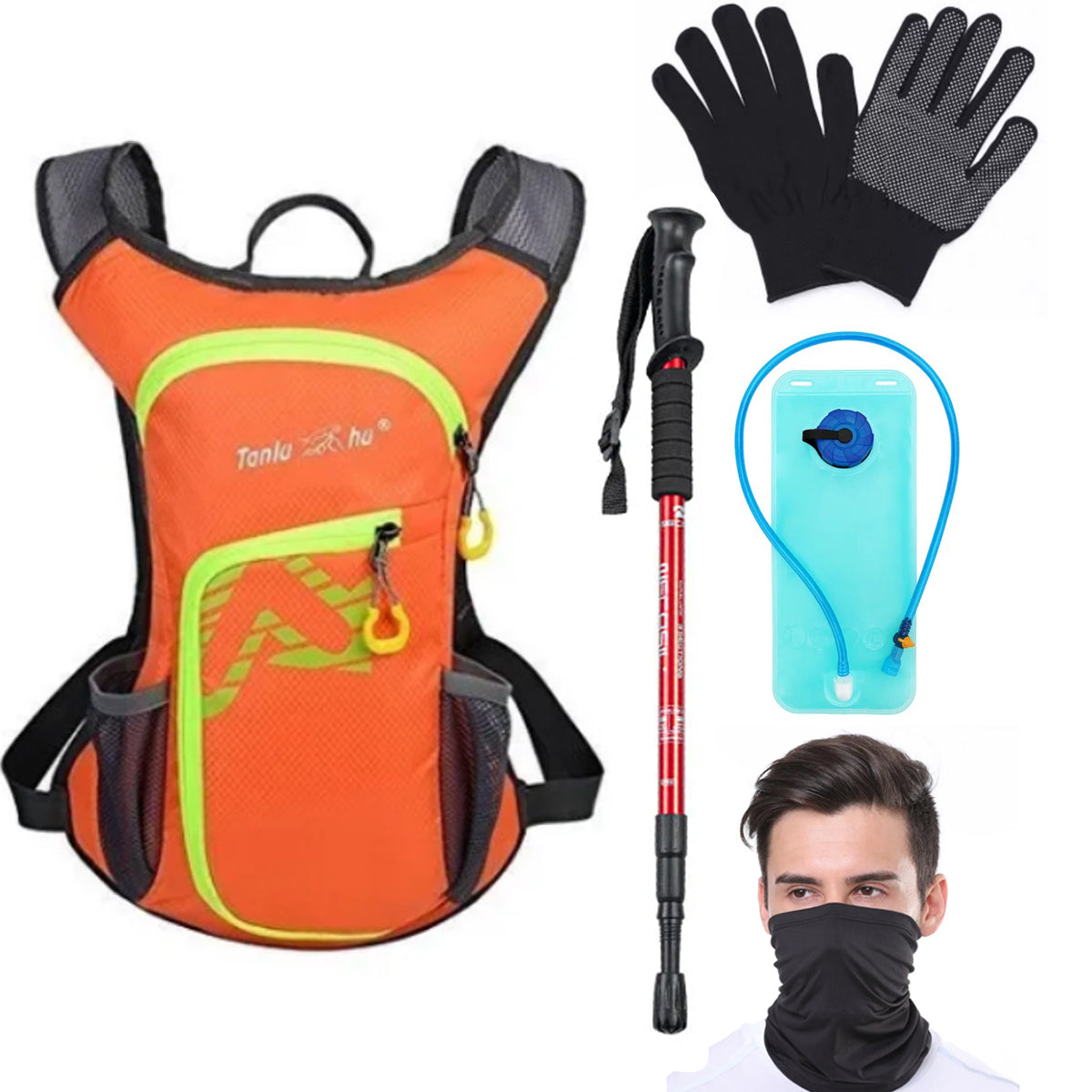 MOCHILA DE HIDRATACION 5L + BASTON DE TREKKING + BOLSA DE HIDRATACION DE 2LITROS + GUANTE + BANDANA