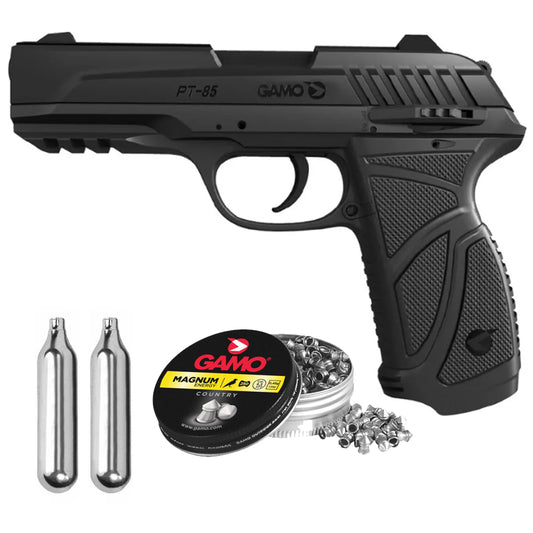 PISTOLA DE CO2 A BALINES METALICOS GAMO PT85 CAL 4,5MM + 2 CO2 + 250 POSTONES