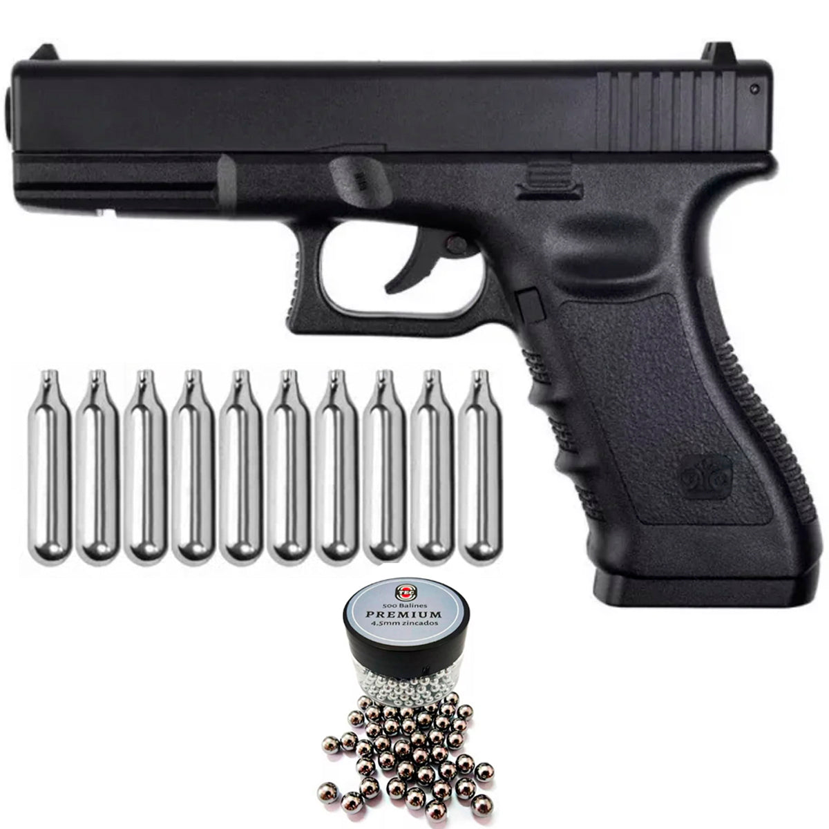 PISTOLA DE CO2 STINGER GLOCK 17 POLIMERO CAL 4,5MM + 10 CO2 + 500 BALINES