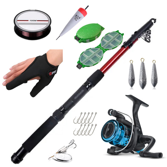 SET DE PESCA CAÑA 2.10mts + CARRETE + CAJA DE PESCA + GUANTE + NYLON + SPINNER + PLOMO + ANZUELOS + FLOTADOR